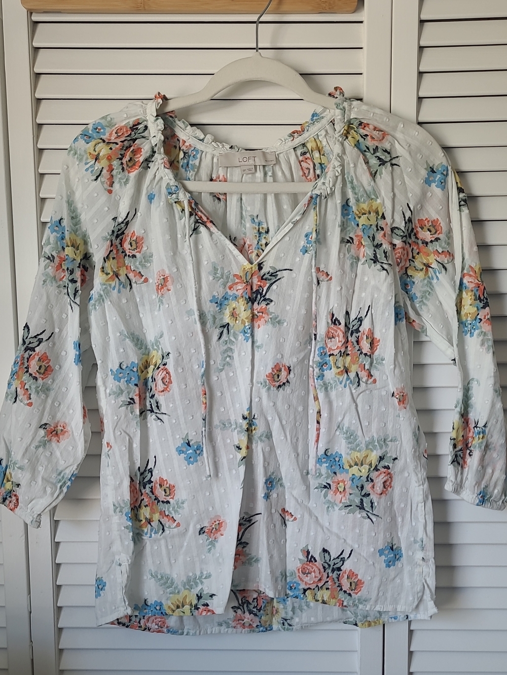 LOFT White Floral Peasant Top with Tie Neck